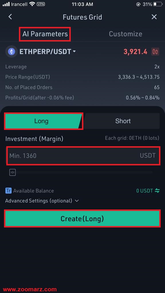 نوع پوزیشن خود را تعیین و مقدار سرمایه را در فیلد Investment وارد کنید