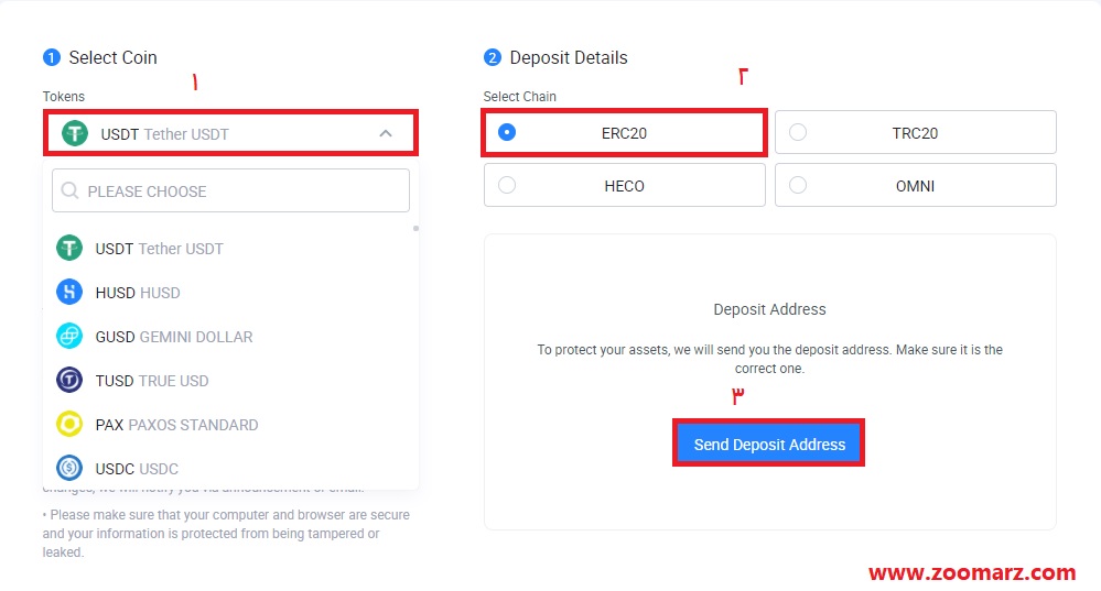 روی گزینه Send Deposit Address کلیک نمایید