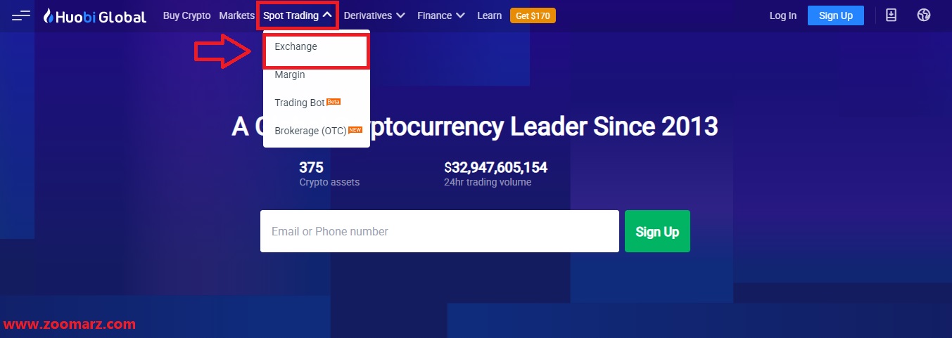 روی گزینه Spot Trading کلیک نموده و گزینه Exchange را انتخاب نمایید