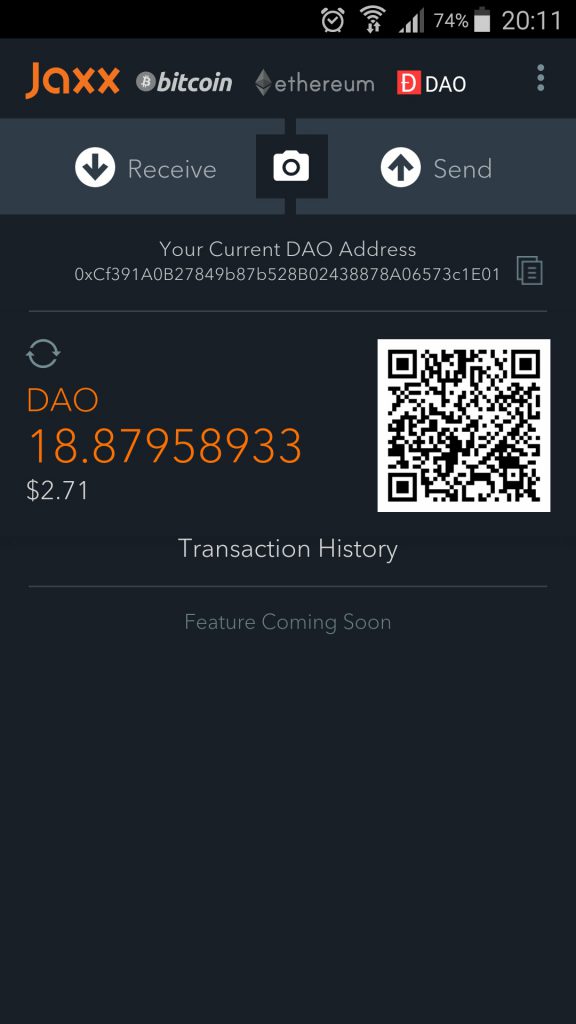کیف پول jaxx از اتریوم نیز پشتیبانی می کند
