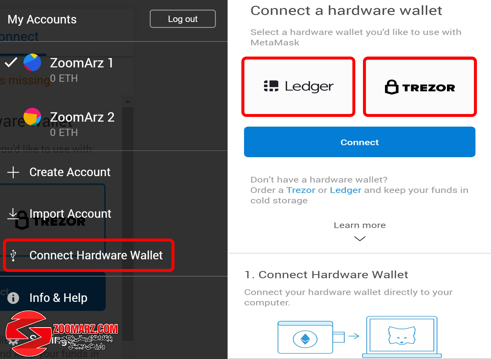 روی گزینه " Connect Hardware Wallet " ضربه بزنید
