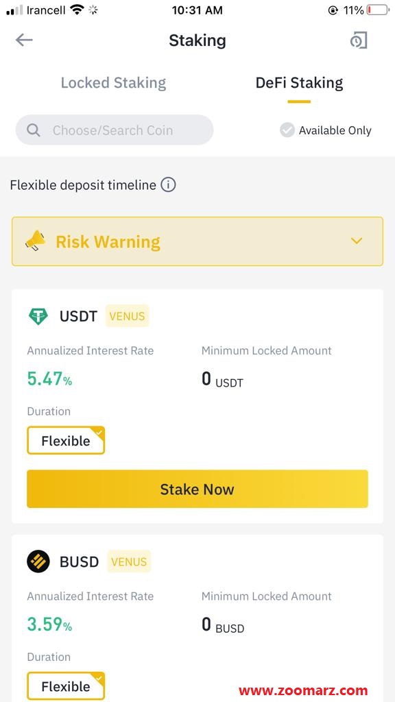 برای سرمایه گذاری در پروژه های DeFi از تب DeFi Staking استفاده نمایید