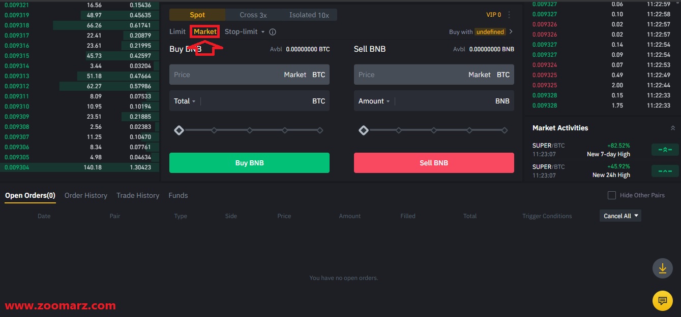 نوع سفارش خود را بر روی Market قرار دهید