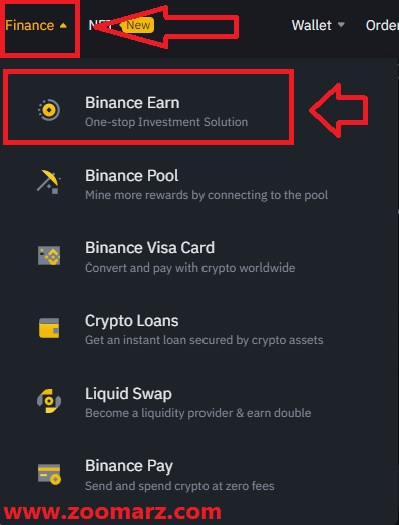 گزینه Finance را انتخاب نموده و روی "Binance Earn" کلیک نمایید