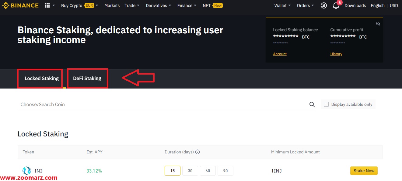 این بخش شامل دو قسمت Locked Staking  و DeFi Staking می باشد