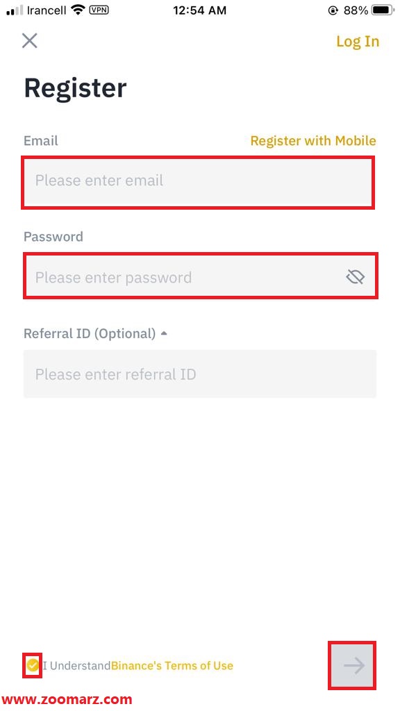 در ابتدا ایمیل خود را وارد نمایید، سپس یک رمز عبور انتخاب نمایید