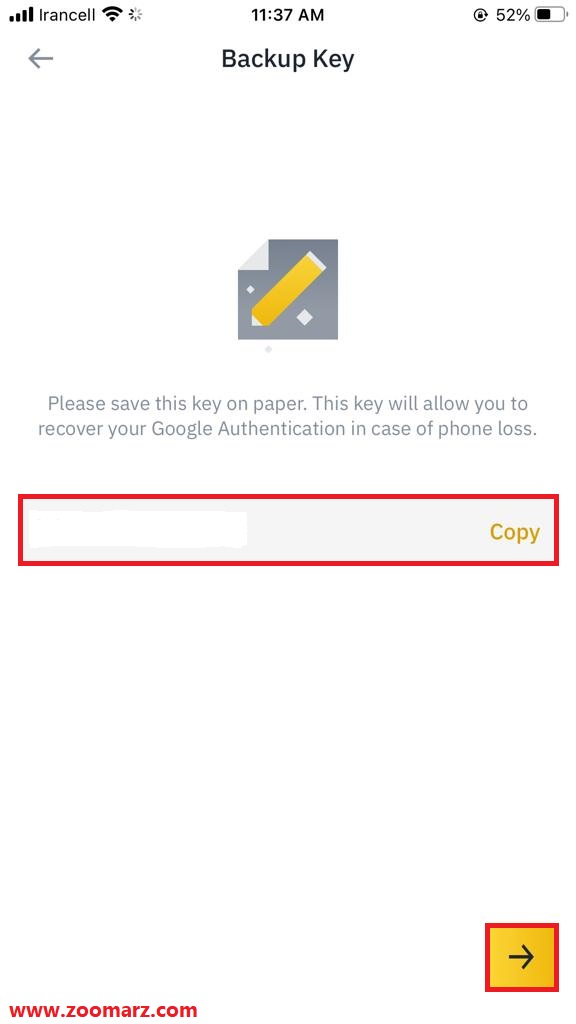 کد نمایش داده شده را در جایی یادداشت نموده و در برنامه Google Authenticator کپی نمایید