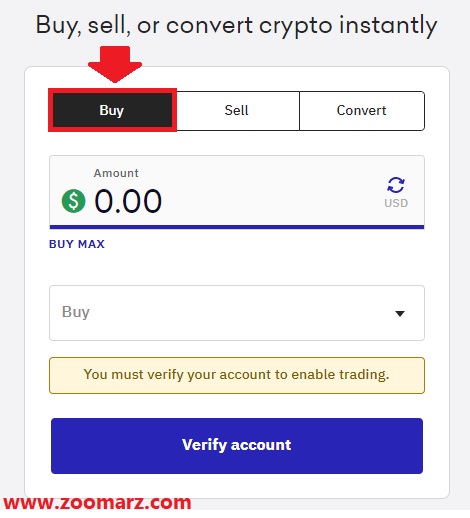 با انتخاب تب Buy می توانید رمز ارز خود را خریداری کنید