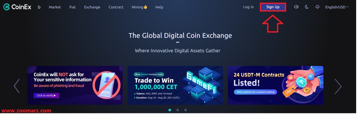 روی گزینه Sign Up کلید کنید تا وارد صفحه نام نویسی شوید