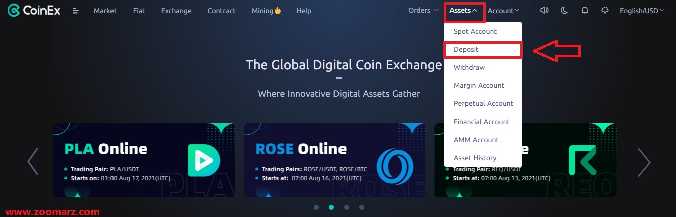 از صفحه اصلی صرافی گزینه Assets را انتخاب کنید
