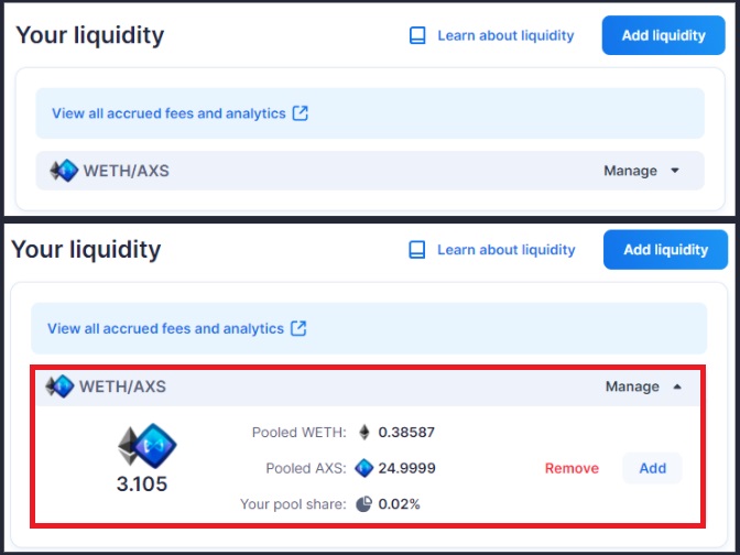 شما می توانید با رفتن به تب Pool، در قسمت Your liquidity توکن خود را مشاهده نمایید.