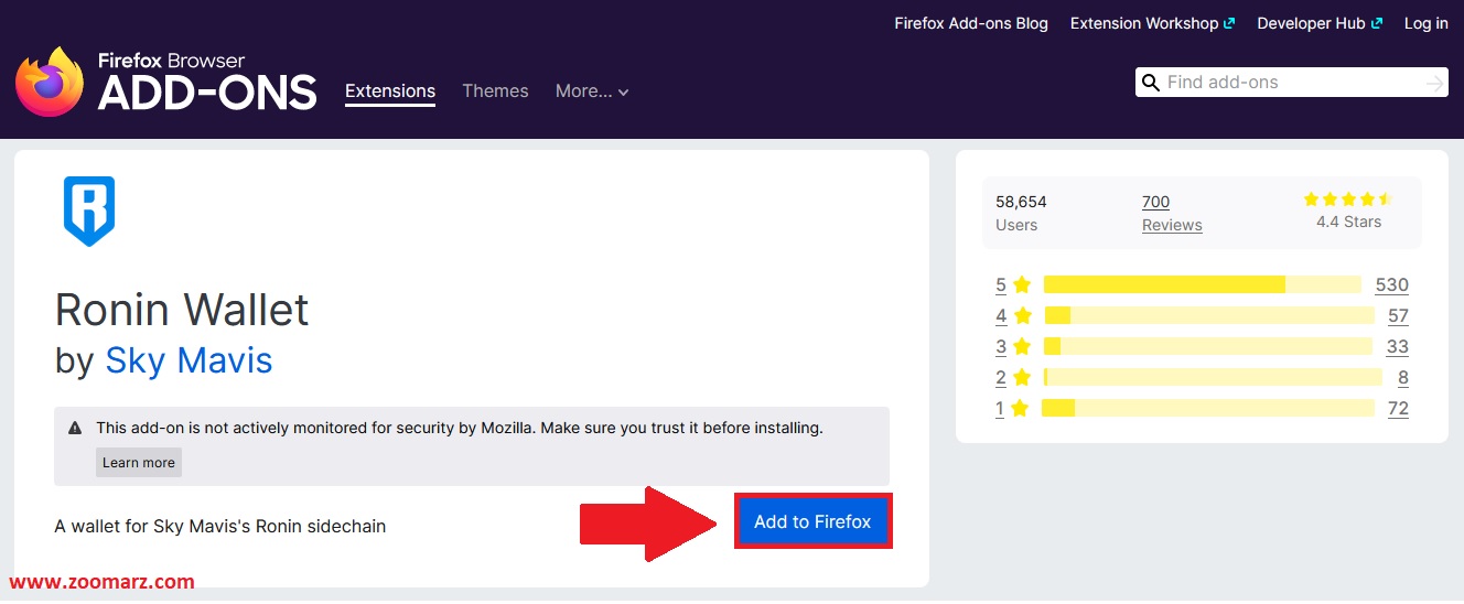 برای افزودن افزونه کیف پول رونین بر روی گزینه "Add to Firefox" کلیک نمایید