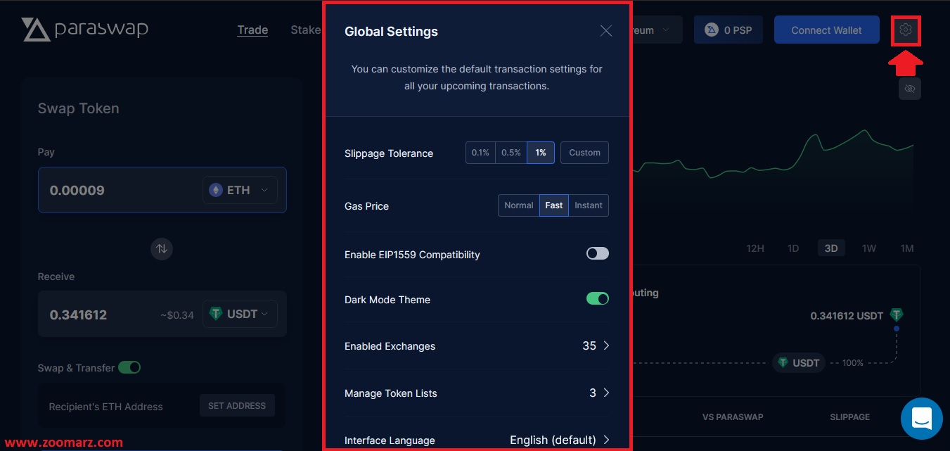 معرفی قسمت تنظیمات یا Settings در پاراسواپ ParaSwap