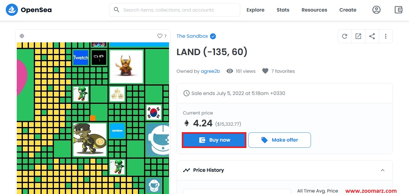 با انتخاب گزینه "Buy now" زمین مورد نظر را خریداری نمایید.