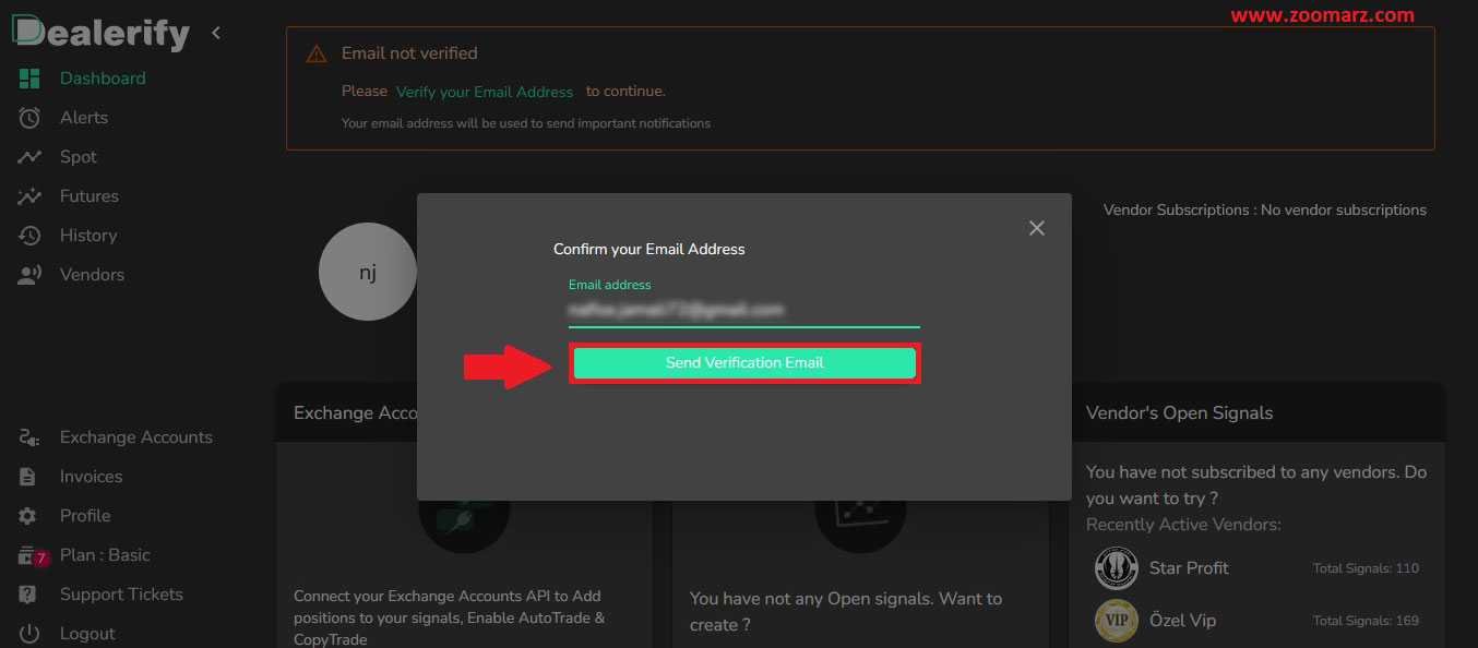 روی گزینه "Send Verification Email" کلیک کنید.