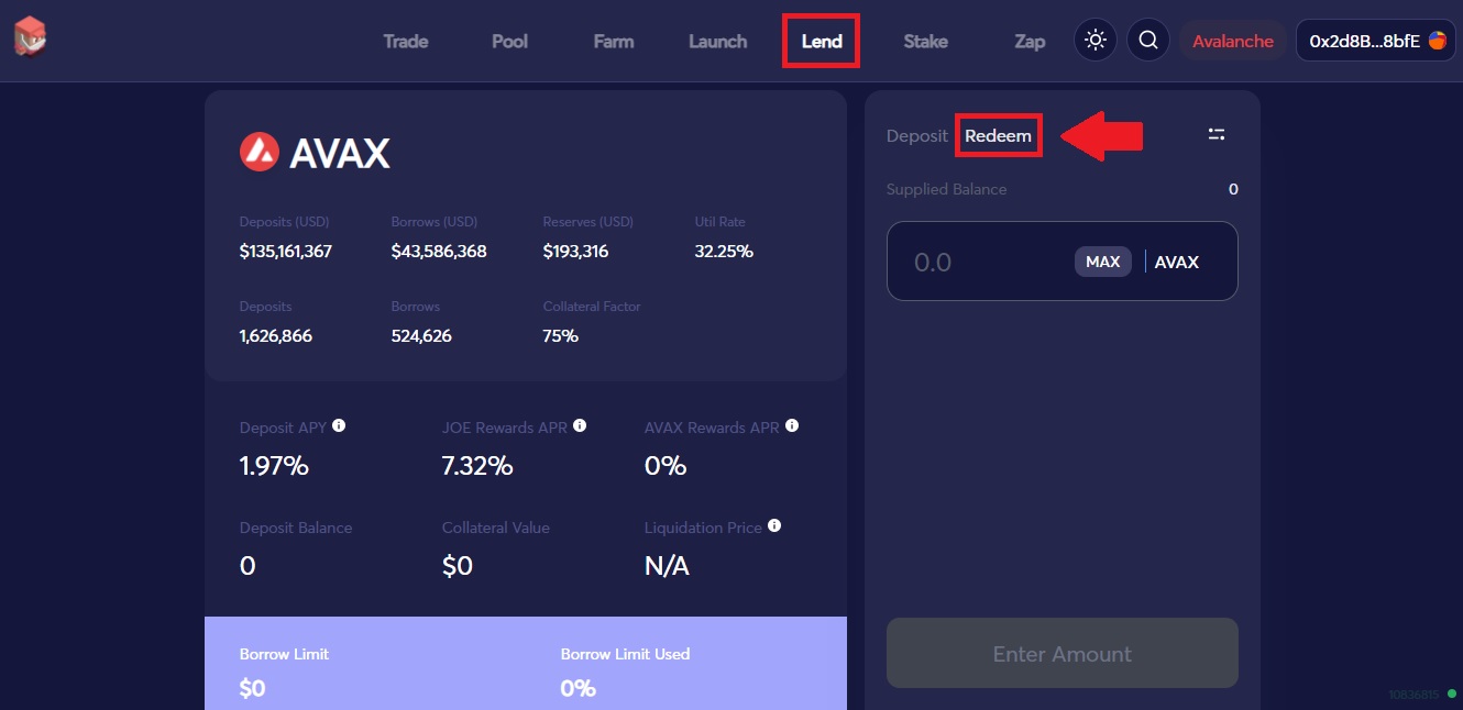 وارد بخش Lend شوید و از گزینه Redeem استفاده نمایید